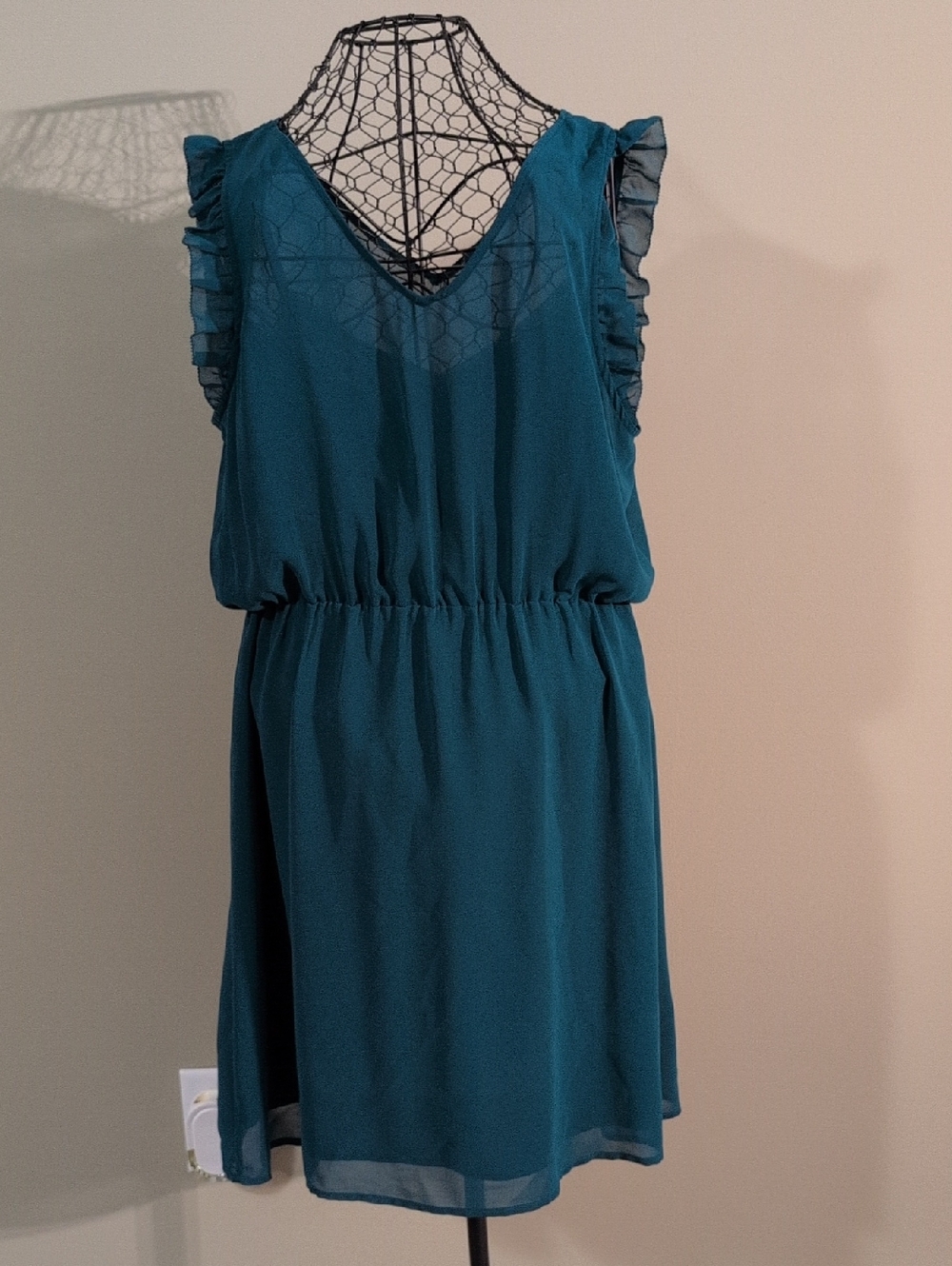 RW&CO. Teal Ruffle Sleeve V-Neck Mini Dress
